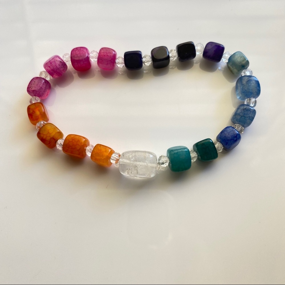 Neon Rainbow Agate Cubes Bracelet with Quartz
